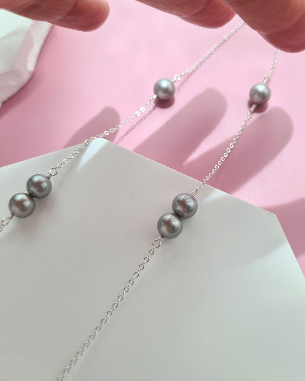 Silver Blue Akoya Pearl Floating Station Necklace, 14k gold filled, 925 Sterling Silver 