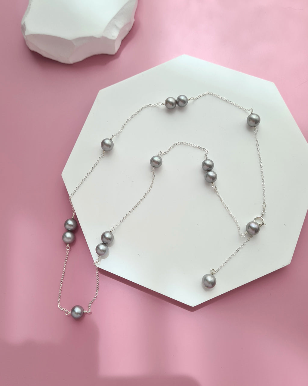 Silver Blue Akoya Pearl Floating Station Necklace, 14k gold filled, 925 Sterling Silver 