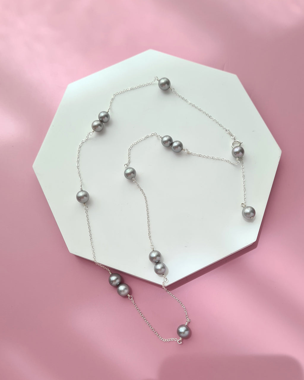 Silver Blue Akoya Pearl Floating Station Necklace, 14k gold filled, 925 Sterling Silver 