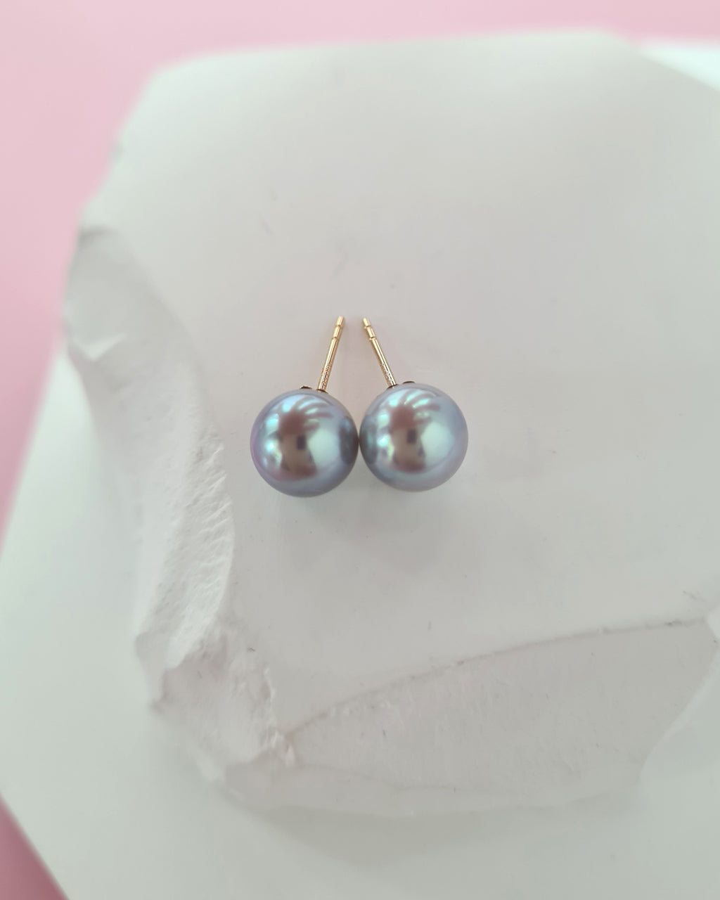 7.3mm Silver Blue Akoya Pearl Stud Earrings | 18K Yellow Gold Pearl Jewelry