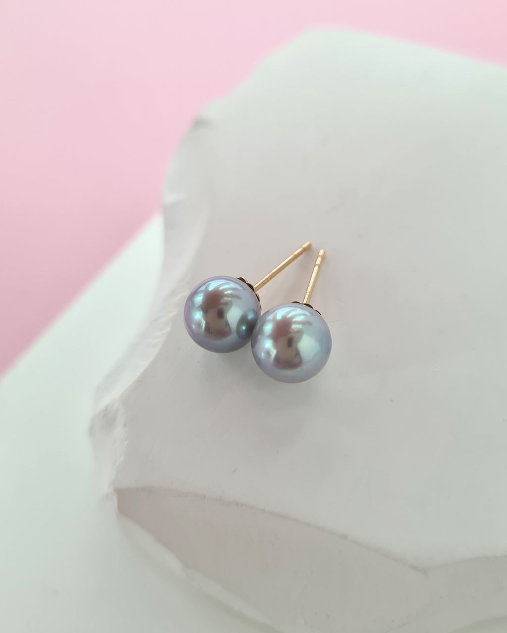 7.3mm Silver Blue Akoya Pearl Stud Earrings | 18K Yellow Gold Pearl Jewelry