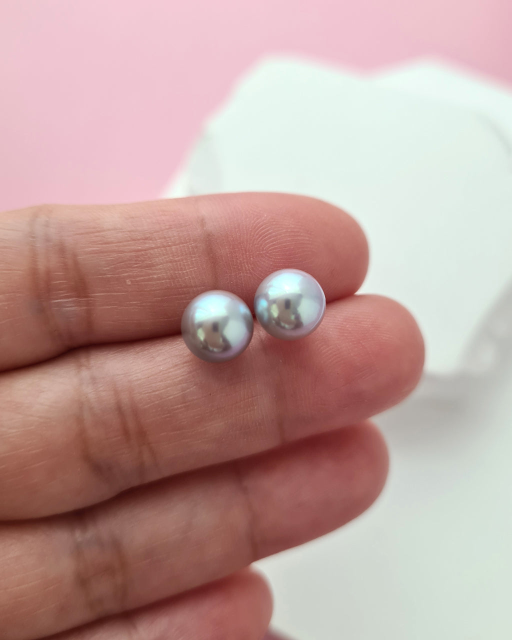 7.3mm Silver Blue Akoya Pearl Stud Earrings | 18K Yellow Gold Pearl Jewelry