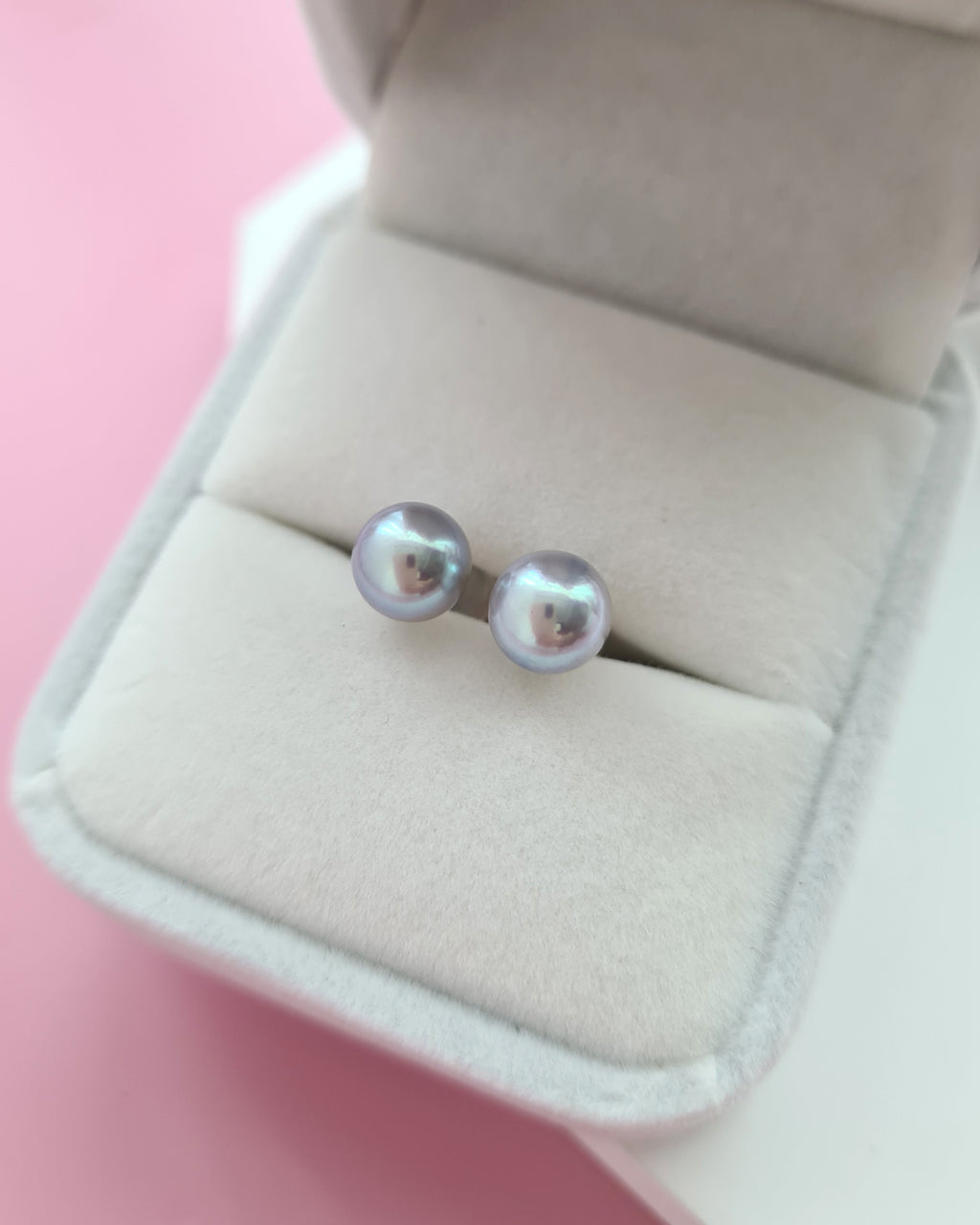 7.3mm Silver Blue Akoya Pearl Stud Earrings | 18K Yellow Gold Pearl Jewelry