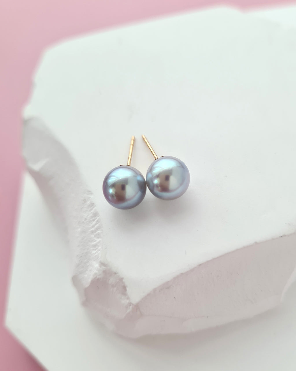 7.3mm Silver Blue Akoya Pearl Stud Earrings | 18K Yellow Gold Pearl Jewelry