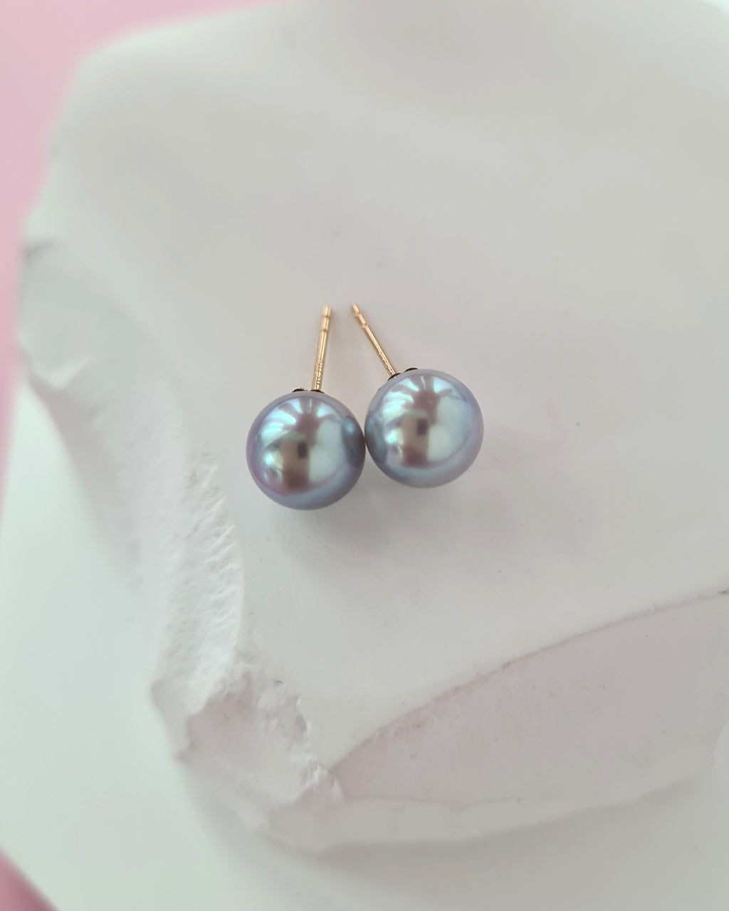 7.3mm Silver Blue Akoya Pearl Stud Earrings | 18K Yellow Gold Pearl Jewelry