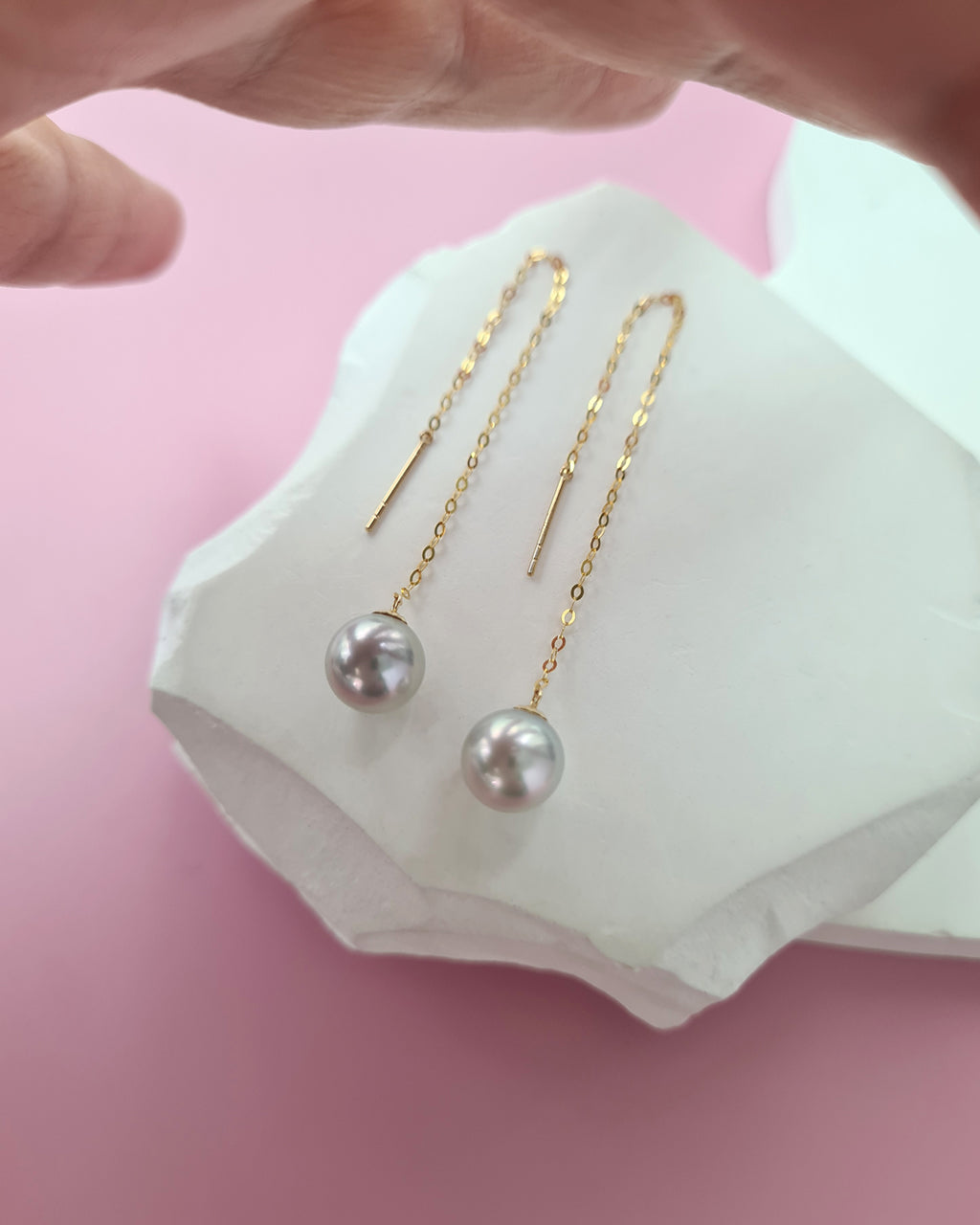 Silver Blue Akoya Pearl 18k gold Threader Earrings