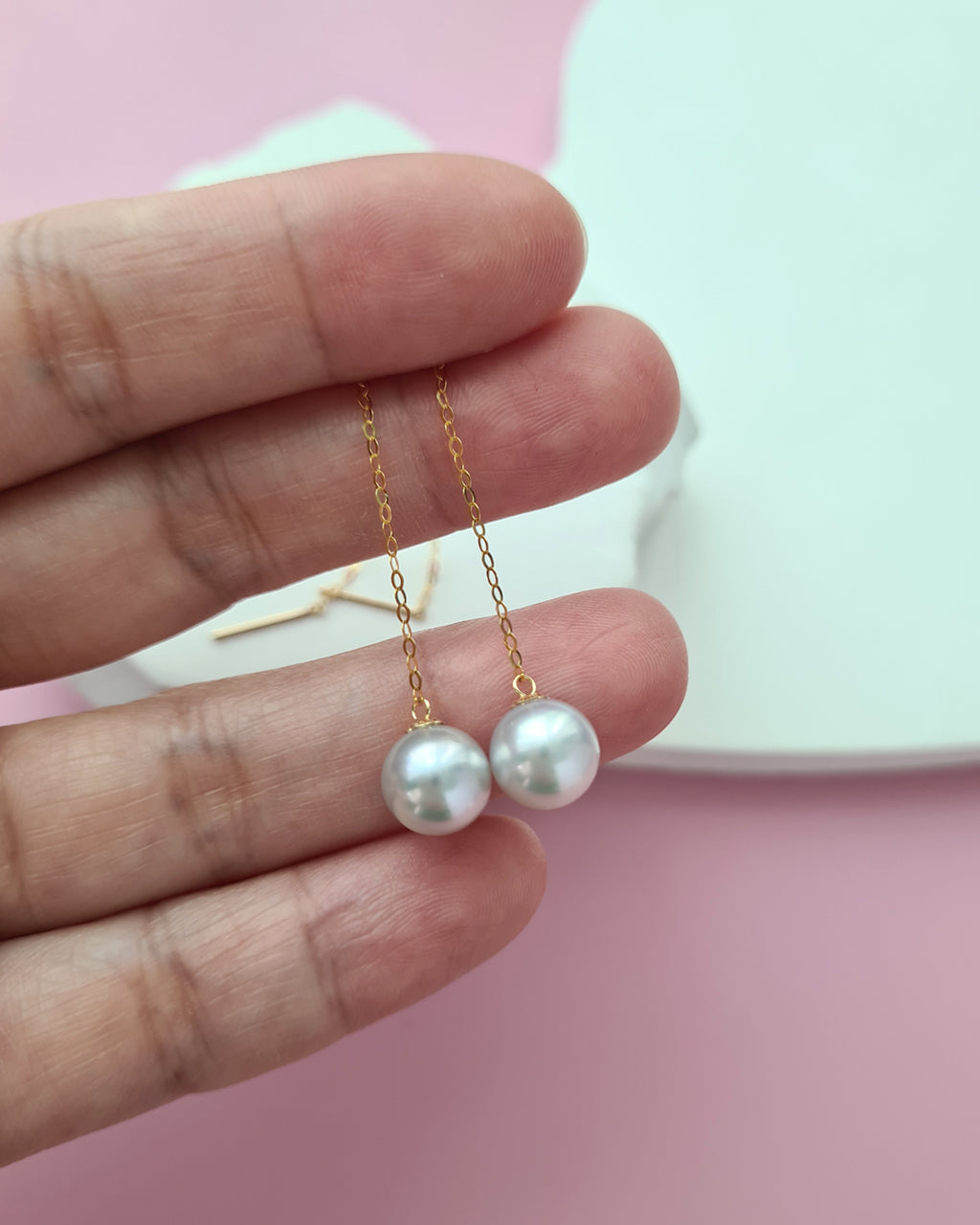 Silver Blue Akoya Pearl 18k gold Threader Earrings