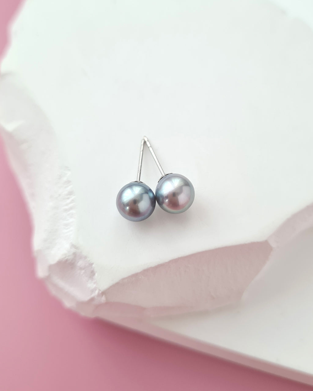 Silver Blue Akoya Pearl Stud Earrings | 18K White Gold | 6mm-6.5mm | Exact Pair