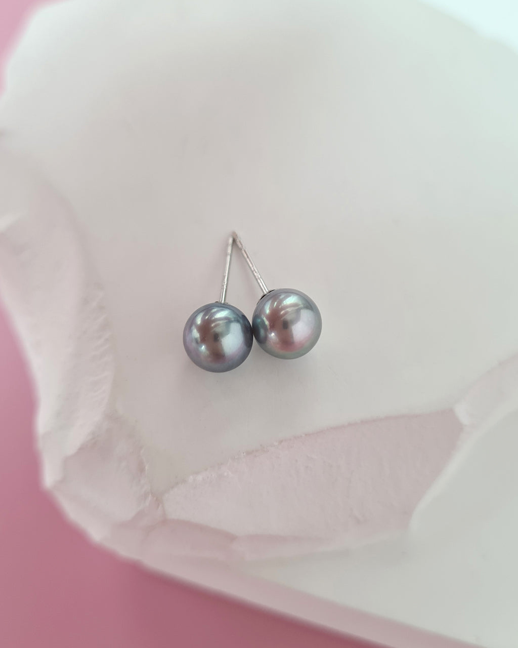 Silver Blue Akoya Pearl Stud Earrings | 18K White Gold | 6mm-6.5mm | Exact Pair
