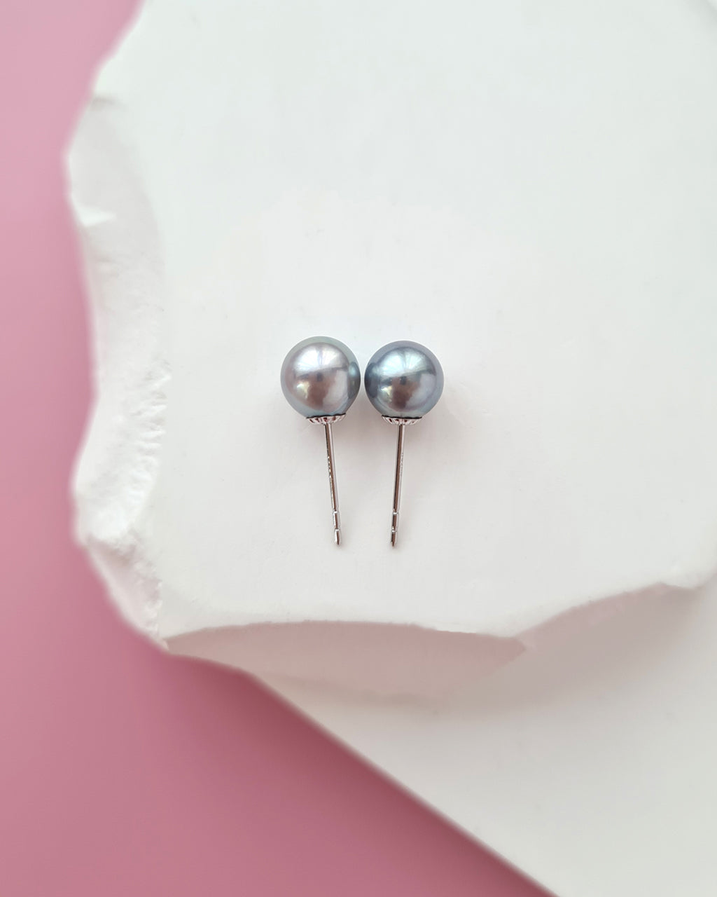 Silver Blue Akoya Pearl Stud Earrings | 18K White Gold | 6mm-6.5mm | Exact Pair