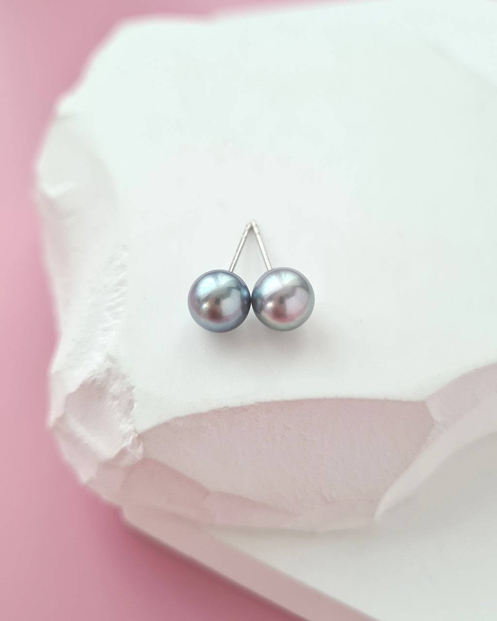 Silver Blue Akoya Pearl Stud Earrings | 18K White Gold | 6mm-6.5mm | Exact Pair