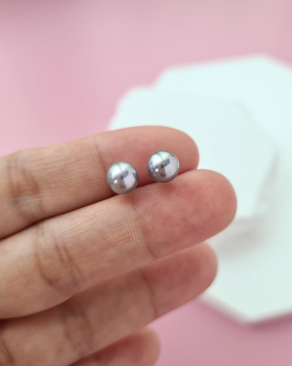 Silver Blue Akoya Pearl Stud Earrings | 18K White Gold | 6mm-6.5mm | Exact Pair