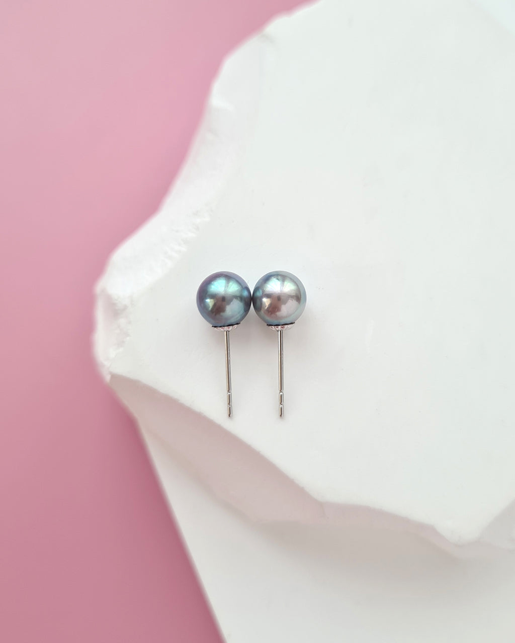 Silver Blue Akoya Pearl Stud Earrings | 18K White Gold | 6mm-6.5mm | Exact Pair
