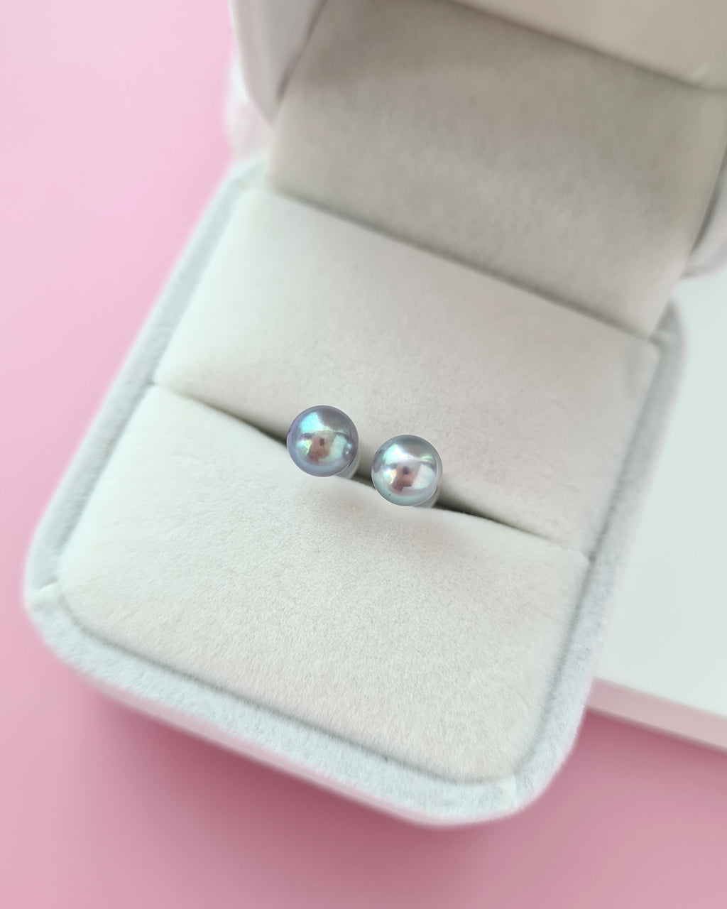 Silver Blue Akoya Pearl Stud Earrings | 18K White Gold | 6mm-6.5mm | Exact Pair
