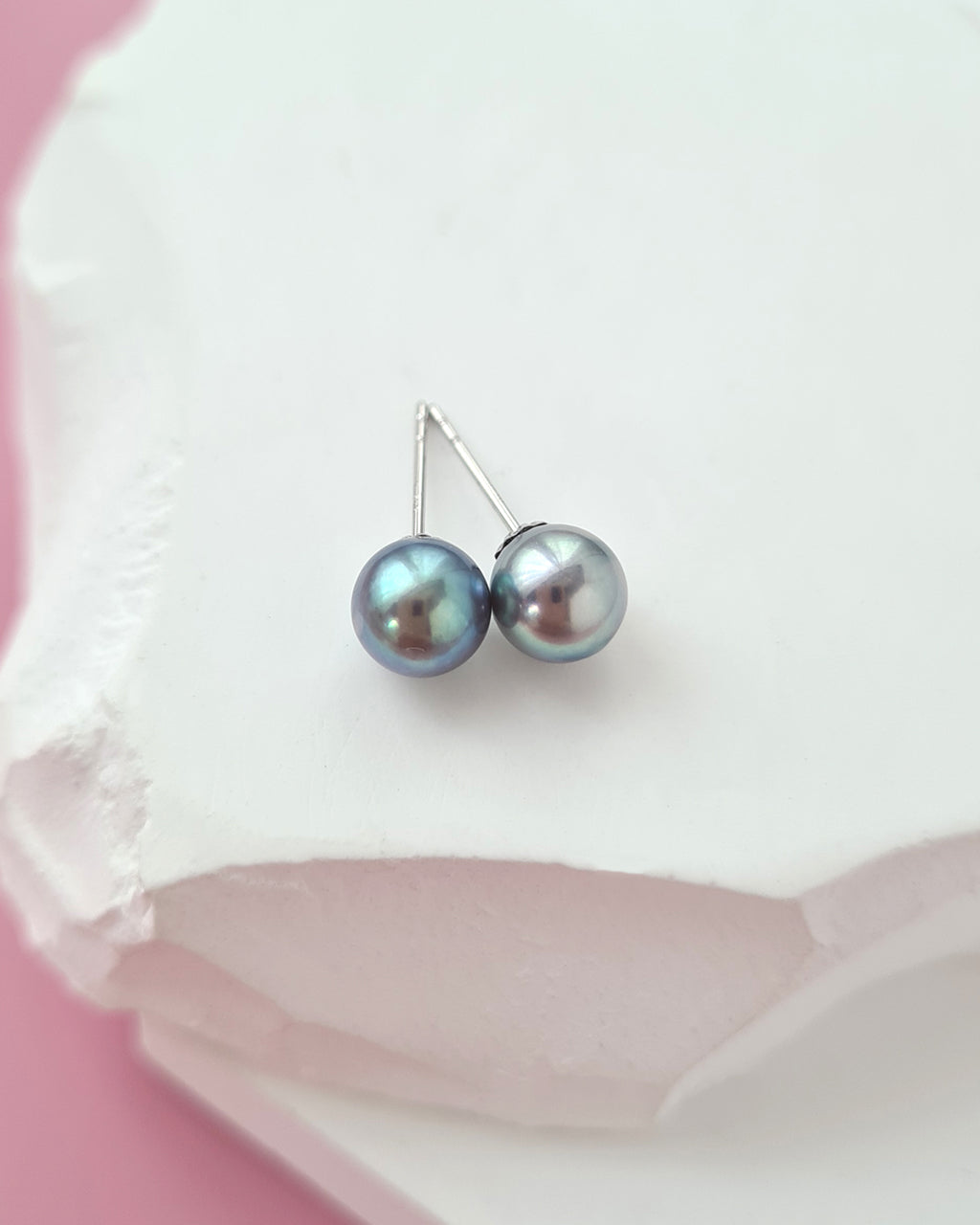 Silver Blue Akoya Pearl Stud Earrings | 18K White Gold | 6mm-6.5mm | Exact Pair
