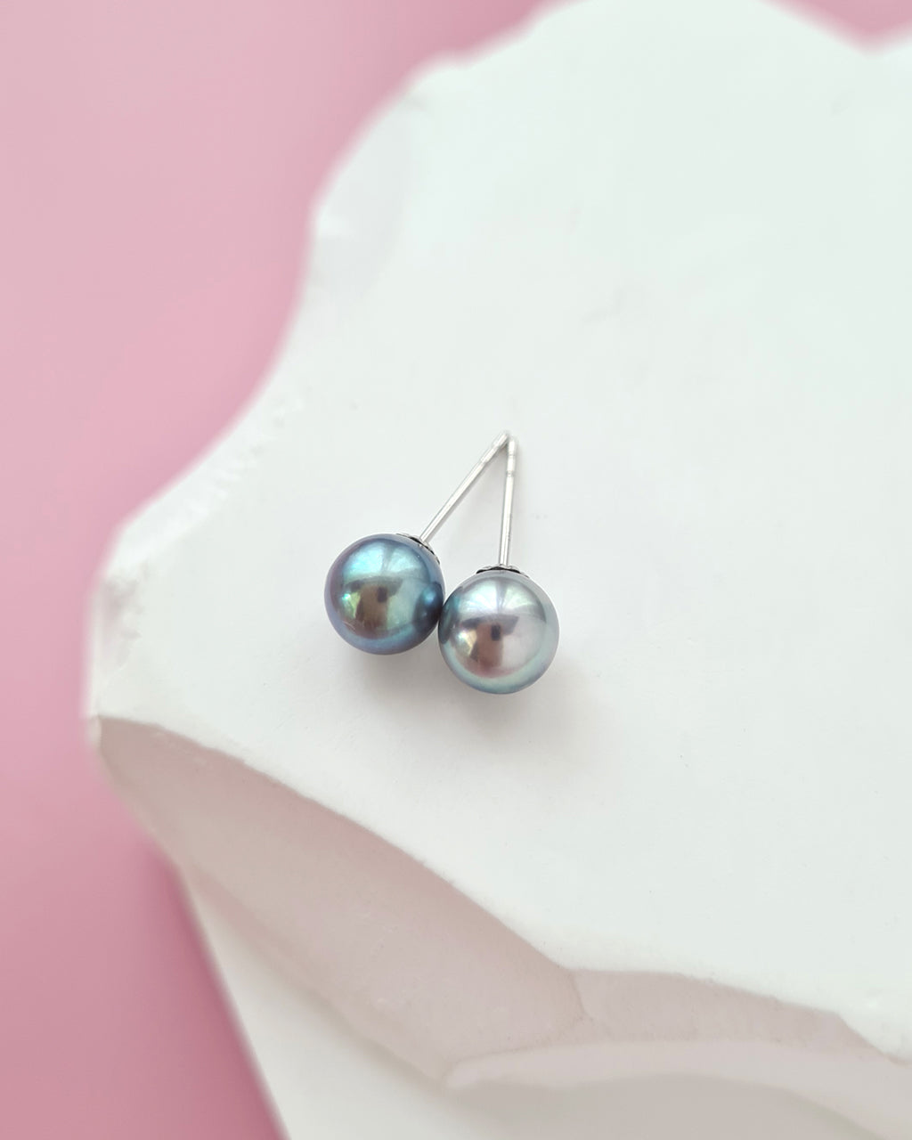 Silver Blue Akoya Pearl Stud Earrings | 18K White Gold | 6mm-6.5mm | Exact Pair