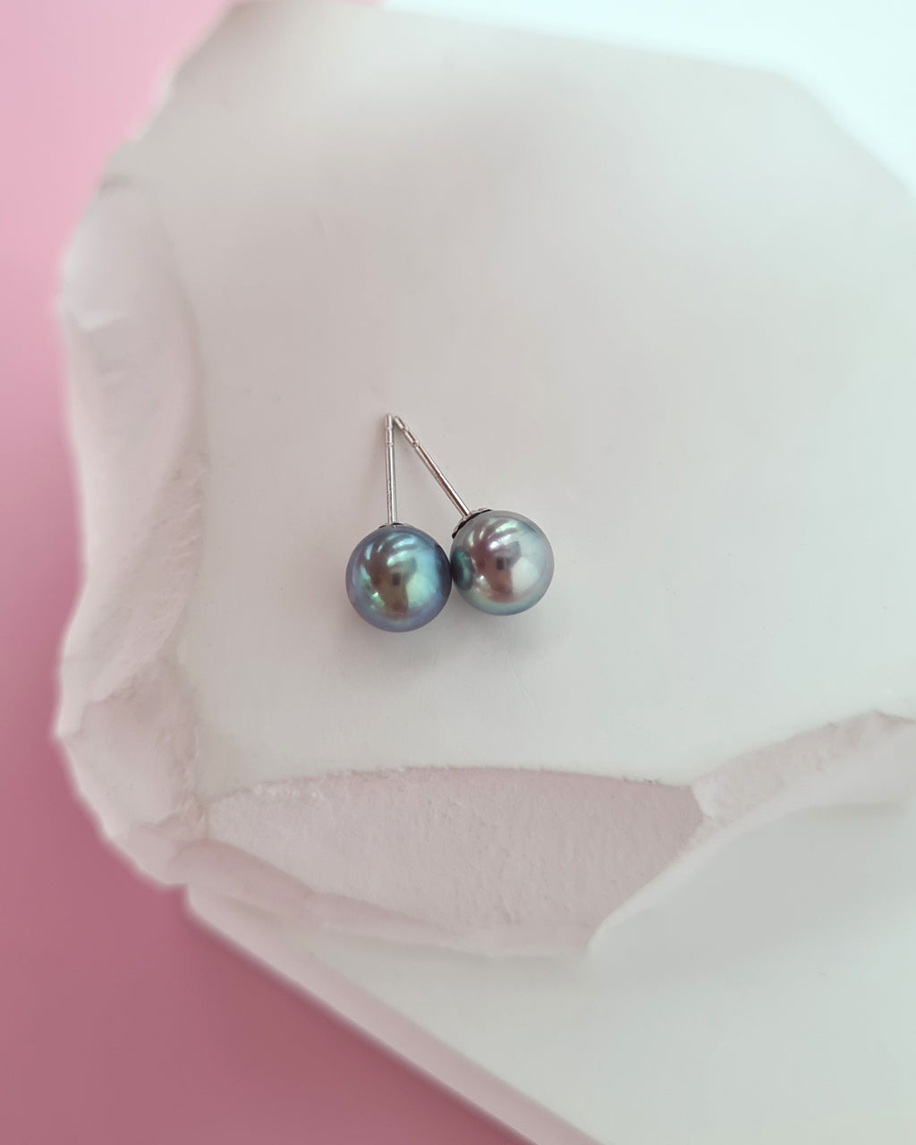 Silver Blue Akoya Pearl Stud Earrings | 18K White Gold | 6mm-6.5mm | Exact Pair