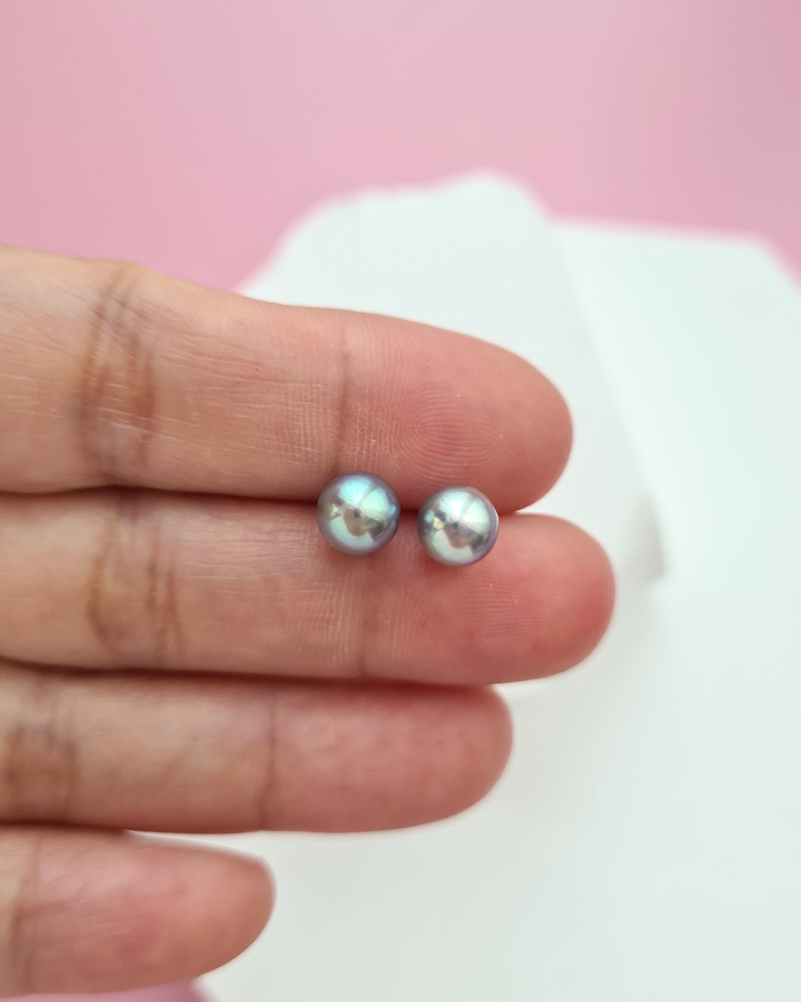 Silver Blue Akoya Pearl Stud Earrings | 18K White Gold | 6mm-6.5mm | Exact Pair