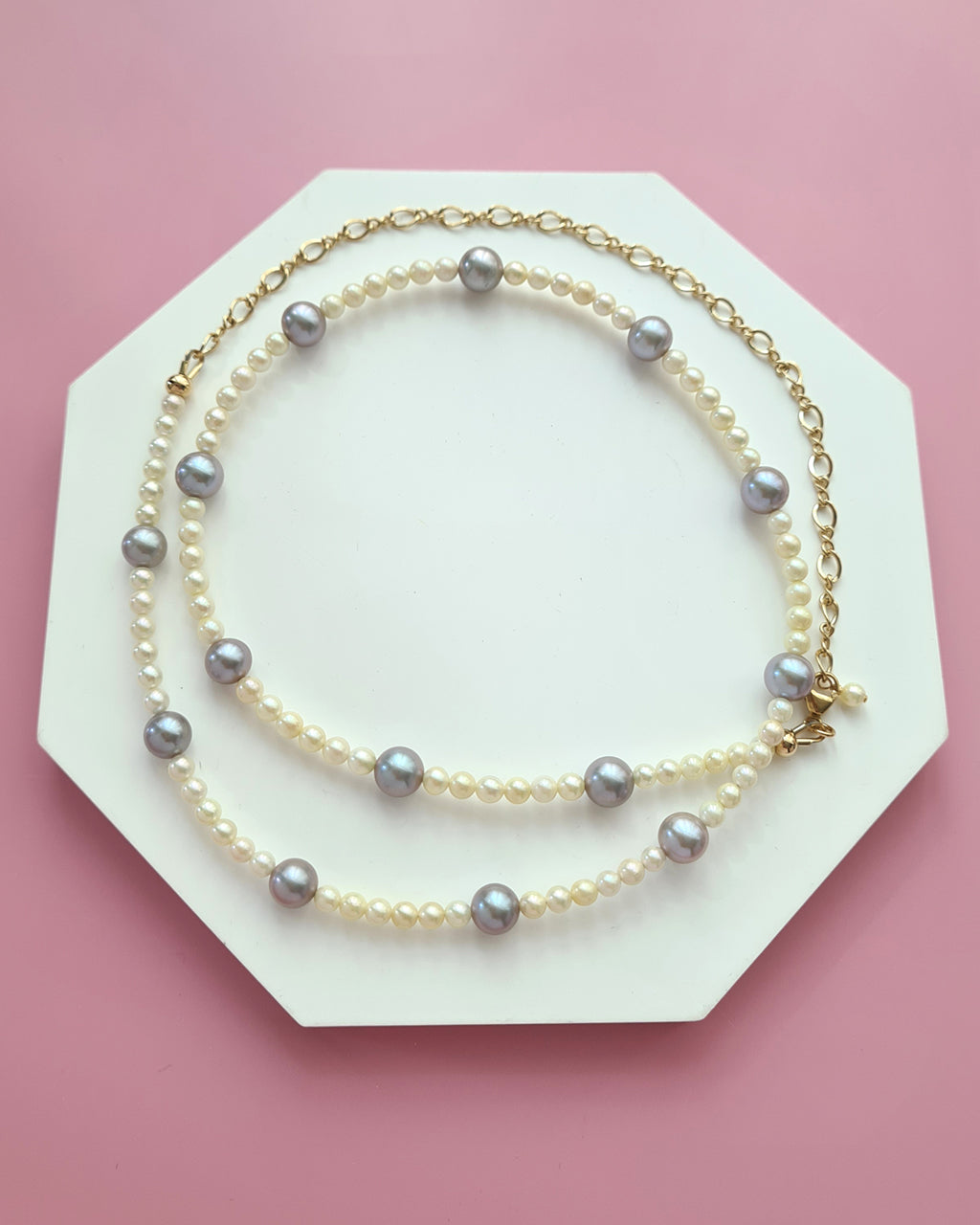 Silver Blue Akoya and Baby Gold Akoya Pearl Necklace, Modern Pearl Jewelry Handmade in Singapore