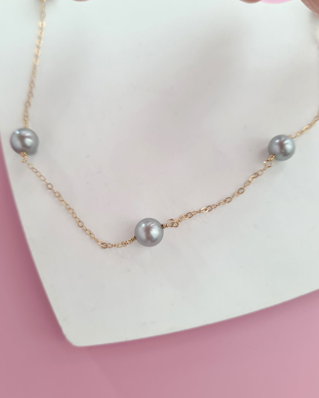 Silver Blue Akoya Pearl Floating Pearl Necklace, Modern Pearl Jewelry in Singapore