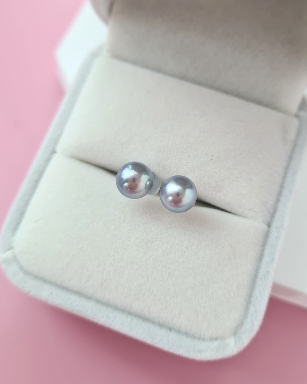 6.8mm Silver Blue Akoya Pearl Stud Earrings, 18K White Gold