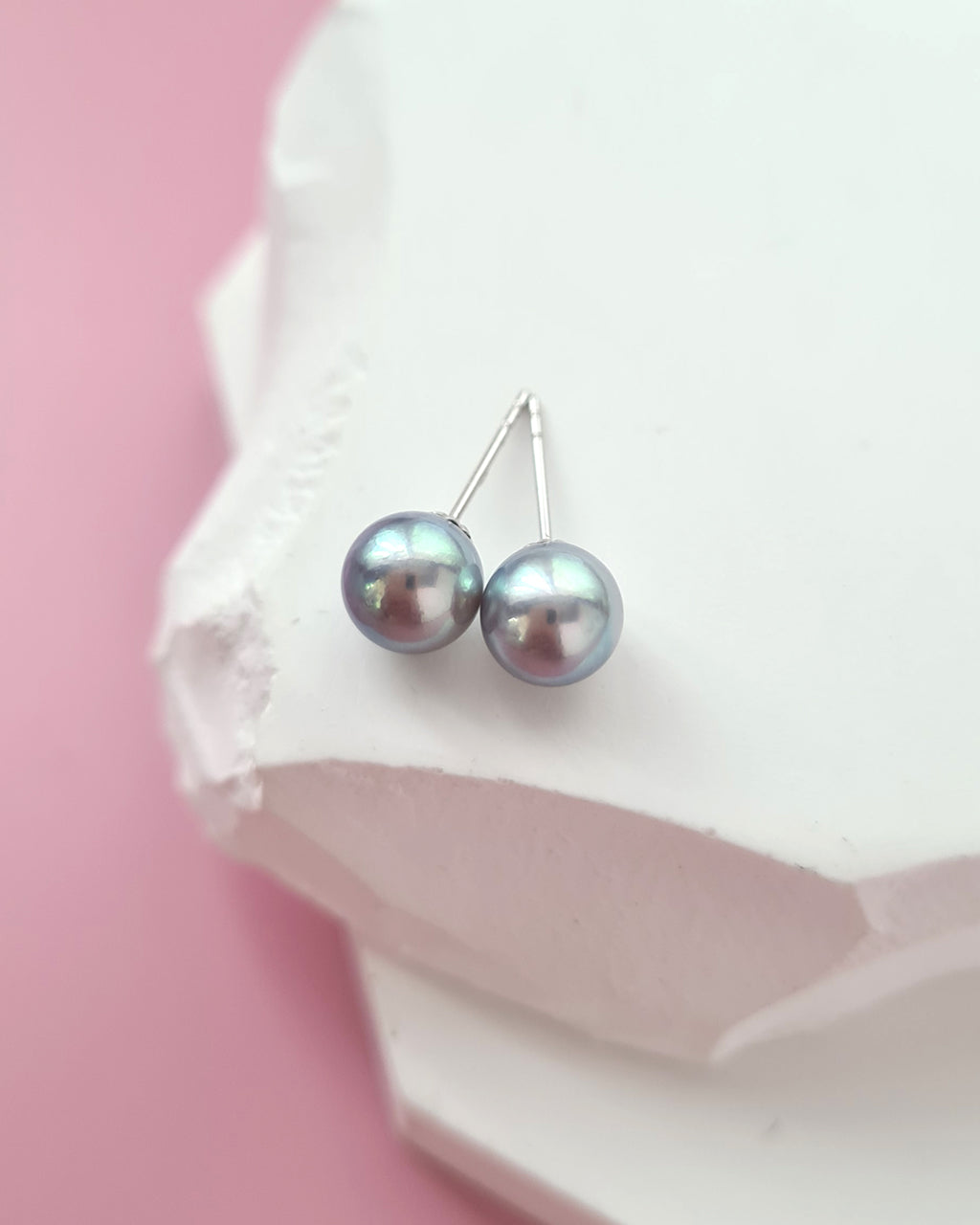 6.8mm Silver Blue Akoya Pearl Stud Earrings, 18K White Gold