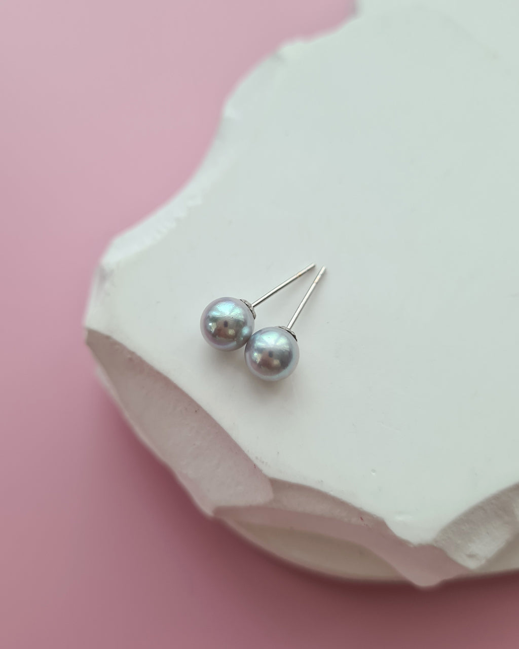 6.1mm - Silver Blue Akoya Pearl 18K White Gold Stud Earrings, Pearl Jewelry in Singapore