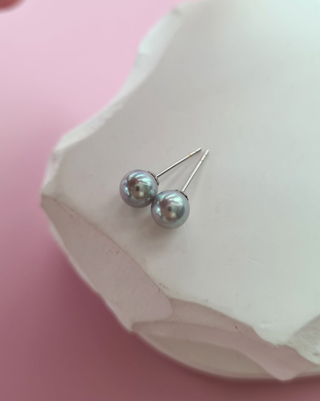 6.1mm - Silver Blue Akoya Pearl 18K White Gold Stud Earrings, Pearl Jewelry in Singapore