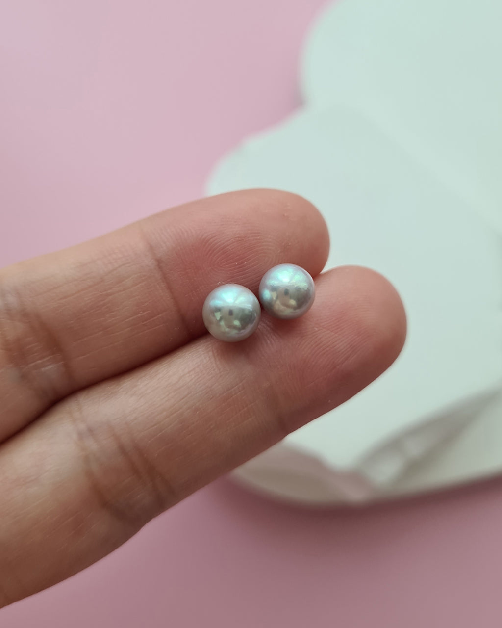 6.1mm - Silver Blue Akoya Pearl 18K White Gold Stud Earrings, Pearl Jewelry in Singapore