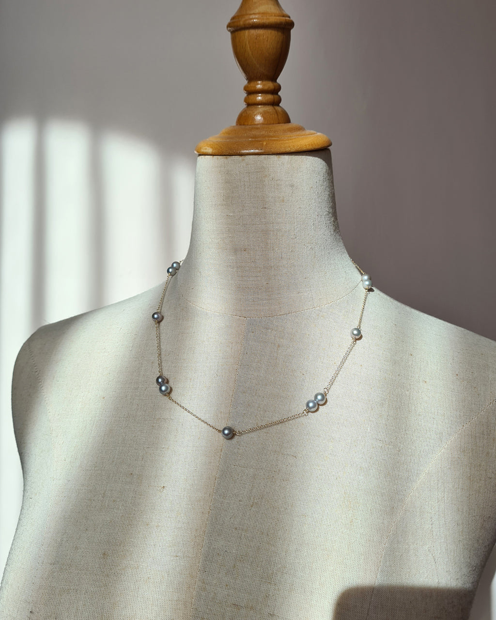 Silver Blue Akoya Pearl Floating Station Necklace, 14k gold filled, 925 Sterling Silver 