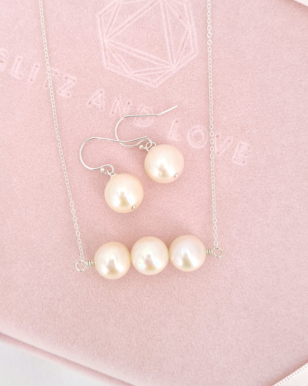 Simple Freshwater Pearl Earrings and Necklace - Silver - Wedding Bridal Jewelry for Brides and Bridesmaids | Singapore