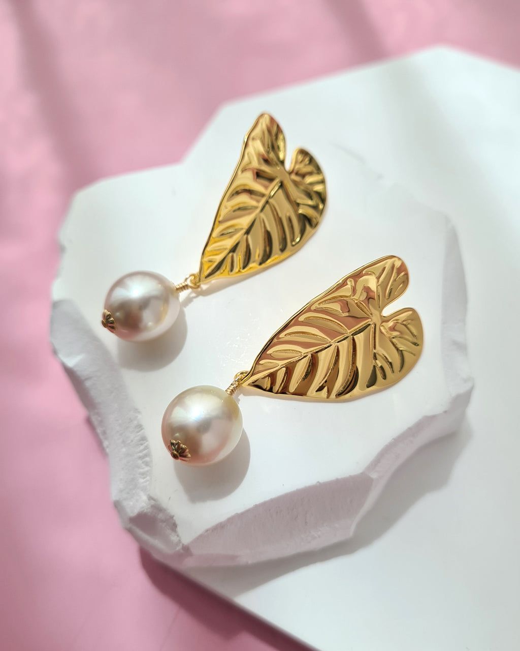 South Sea Pearl Earrings - Big Tropical Leaf, Modern Pearl Jewelry in Singapore