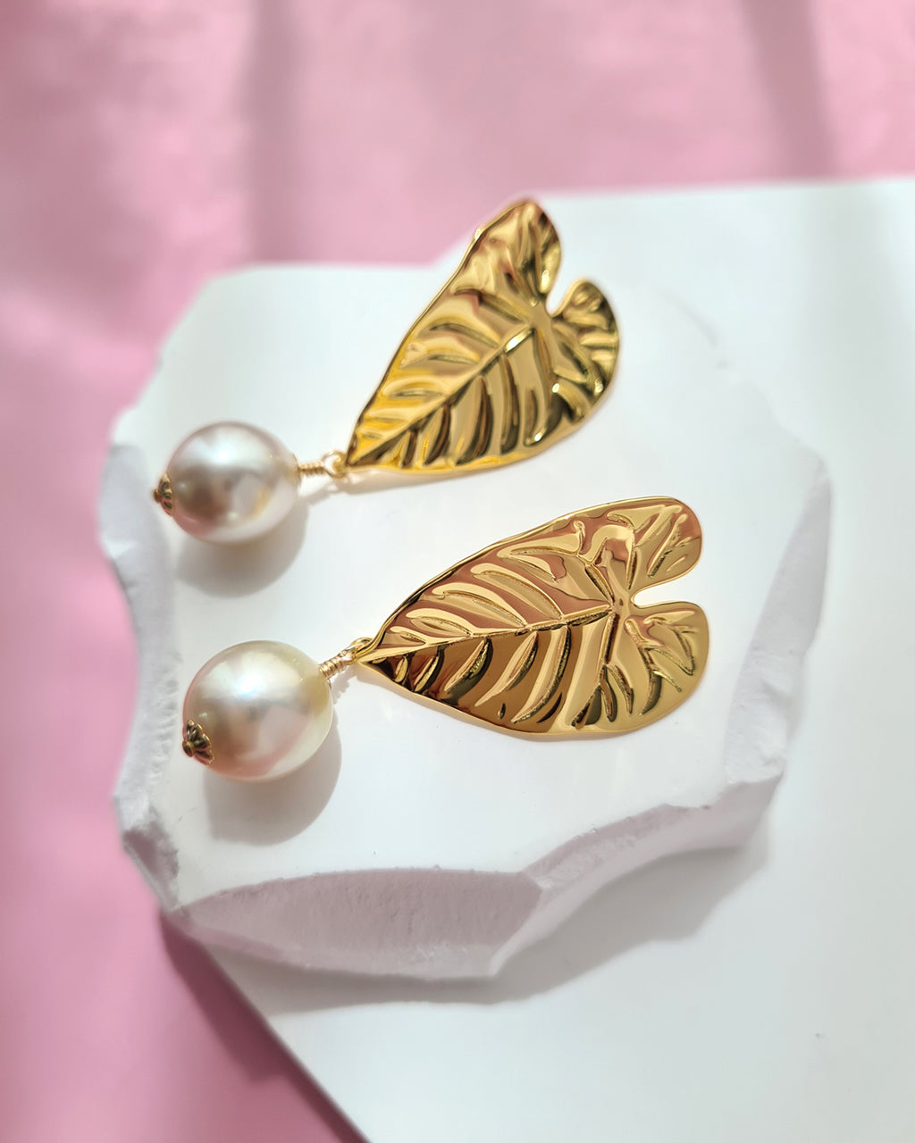 South Sea Pearl Earrings - Big Tropical Leaf, Modern Pearl Jewelry in Singapore