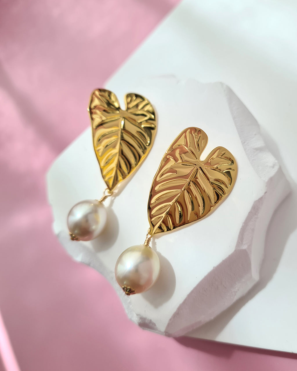 South Sea Pearl Earrings - Big Tropical Leaf, Modern Pearl Jewelry in Singapore
