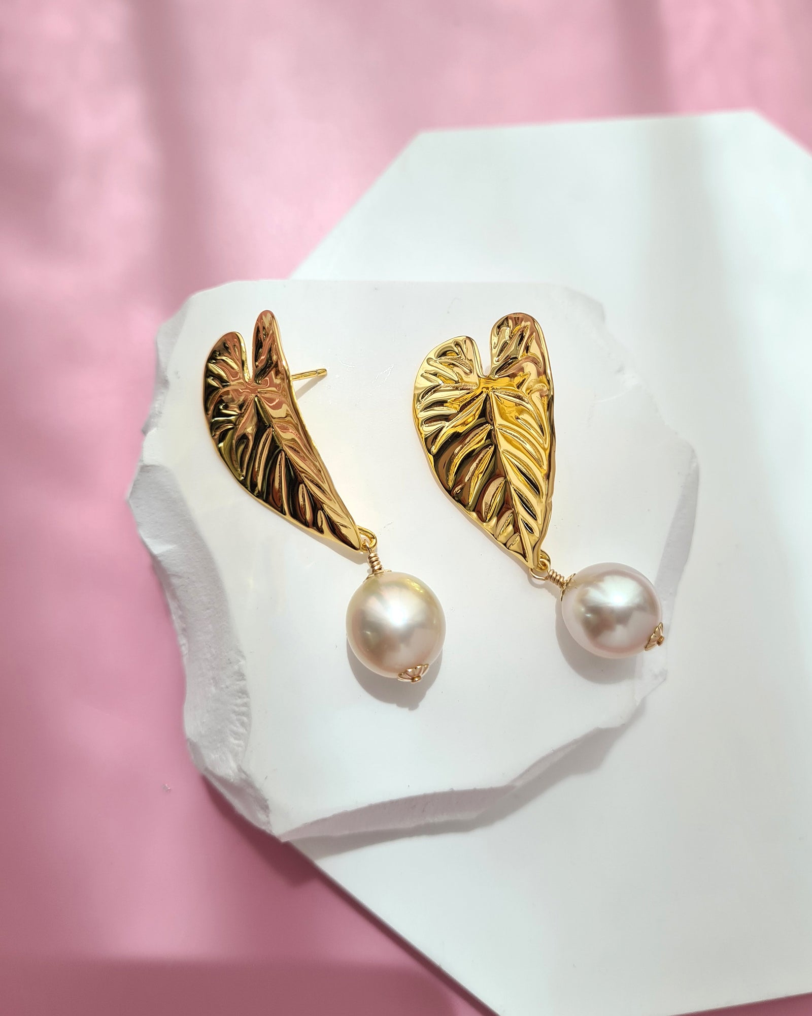 South Sea Pearl Earrings - Big Tropical Leaf, Modern Pearl Jewelry in Singapore