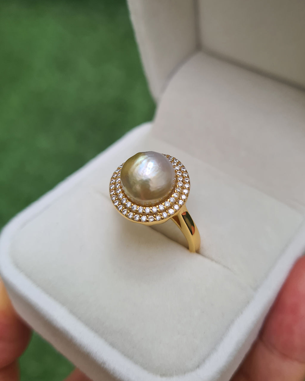 South Sea Pearl Ring with Cubic Zirconia Halo - 9mm+ | Modern Sea Pearl Jewelry