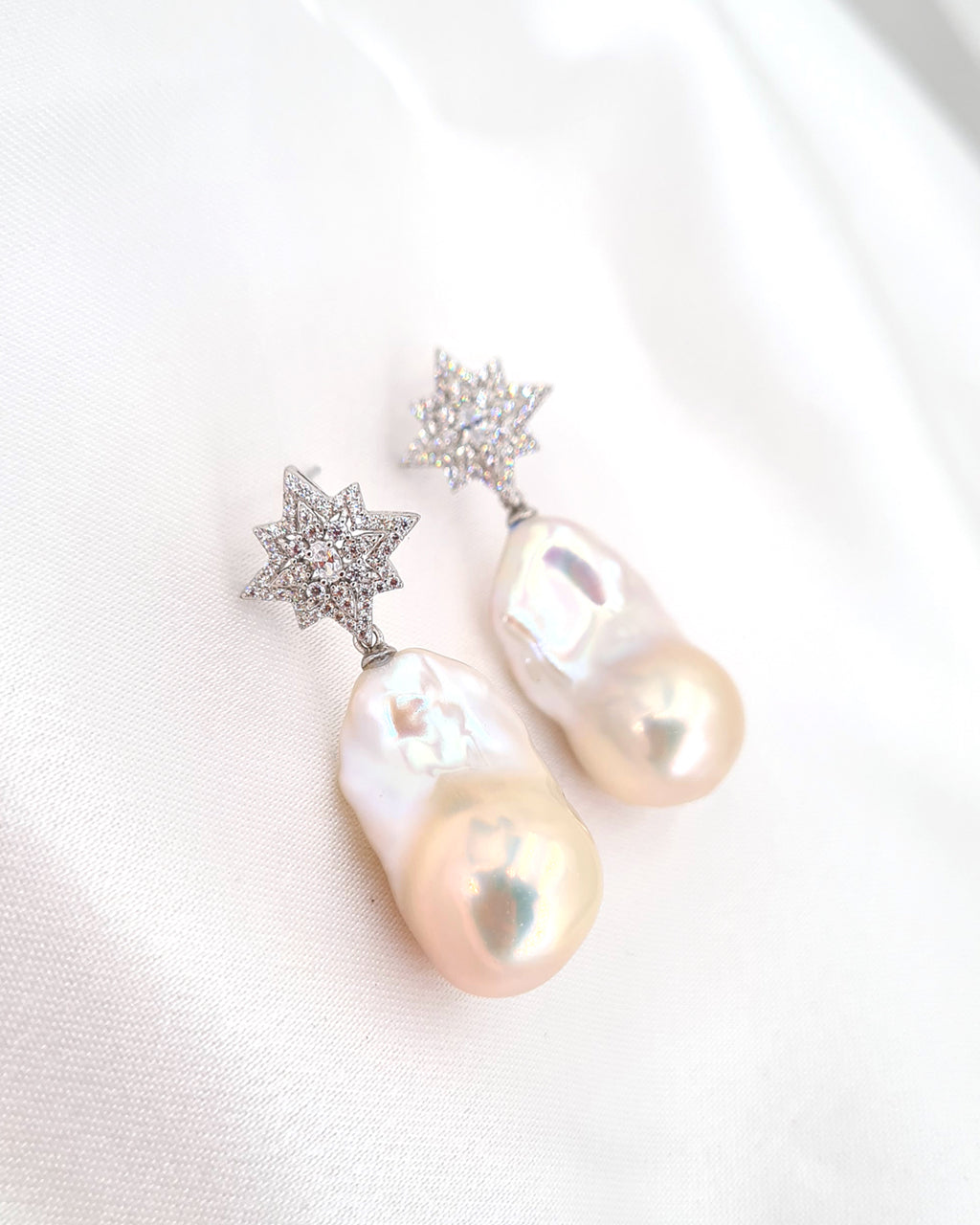 Large White Baroque Pearl Earrings - Star burst Earrings