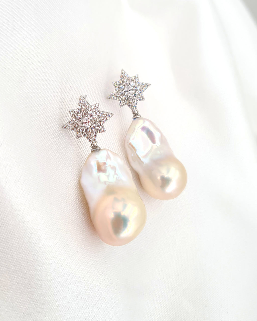 Large White Baroque Pearl Earrings - Star burst Earrings