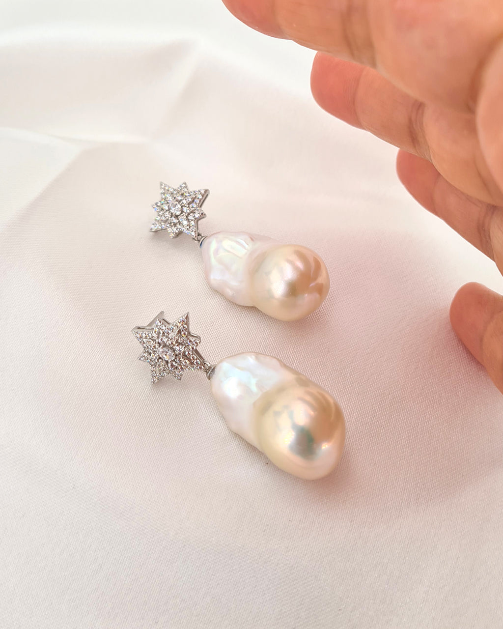 Large White Baroque Pearl Earrings - Star burst Earrings