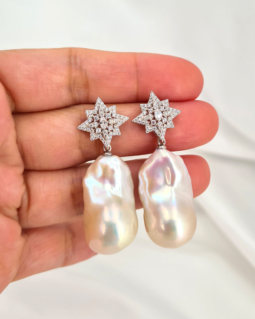 Large White Baroque Pearl Earrings - Star burst Earrings