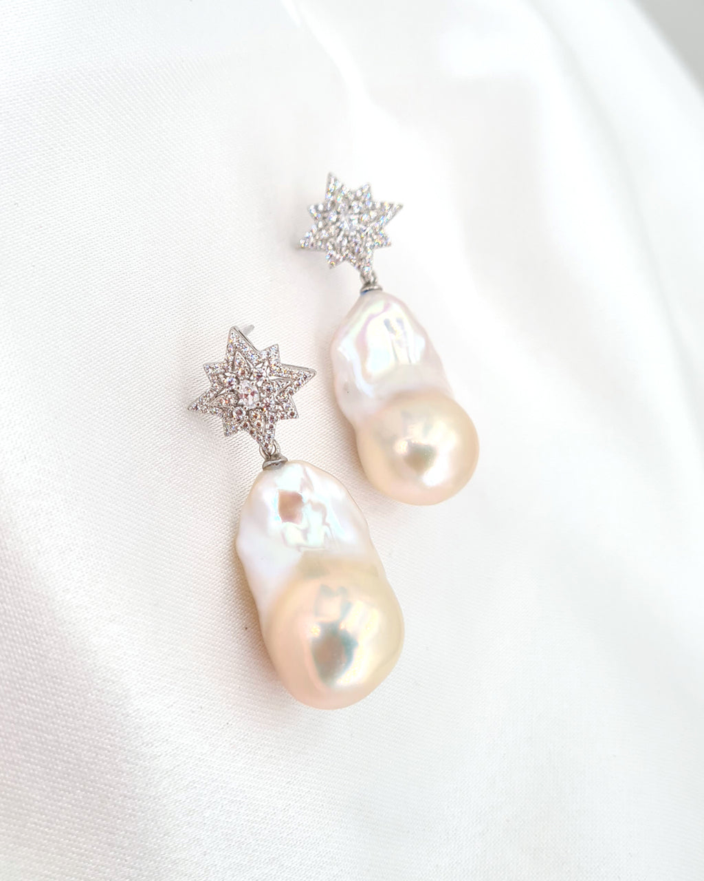 Large White Baroque Pearl Earrings - Star burst Earrings