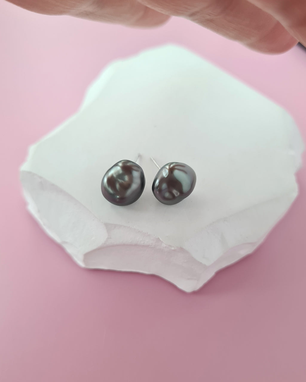 Dark Platinum Grey Tahitian Keshi Pearl Stud Earrings - 18k White Gold Pearl Jewelry Singapore
