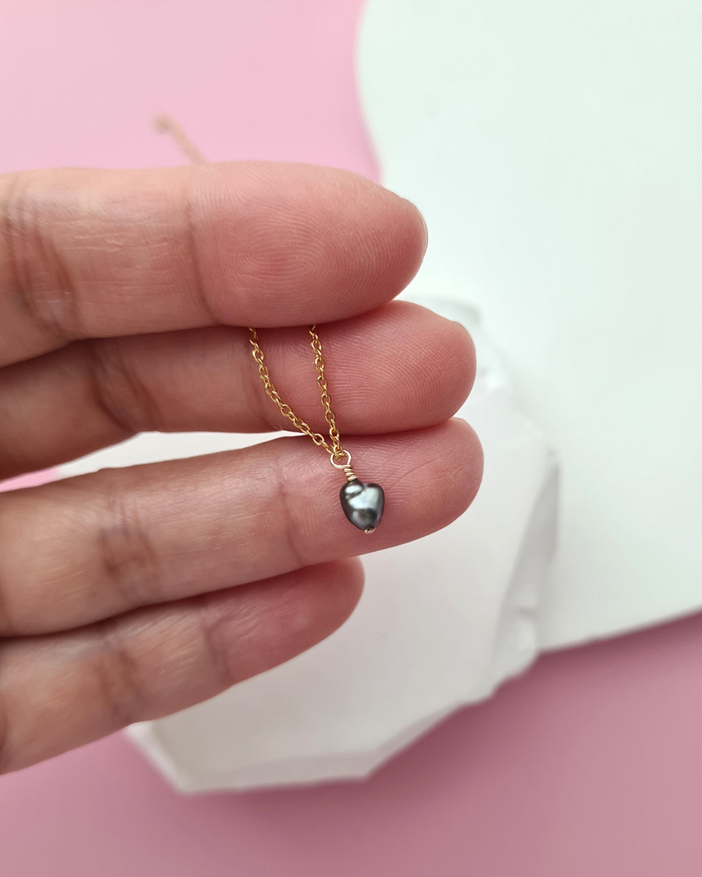 Tahitian Keshi Pearl Pendant Necklace, Tiny Heart Pearl Handmade Jewelry in Singapore