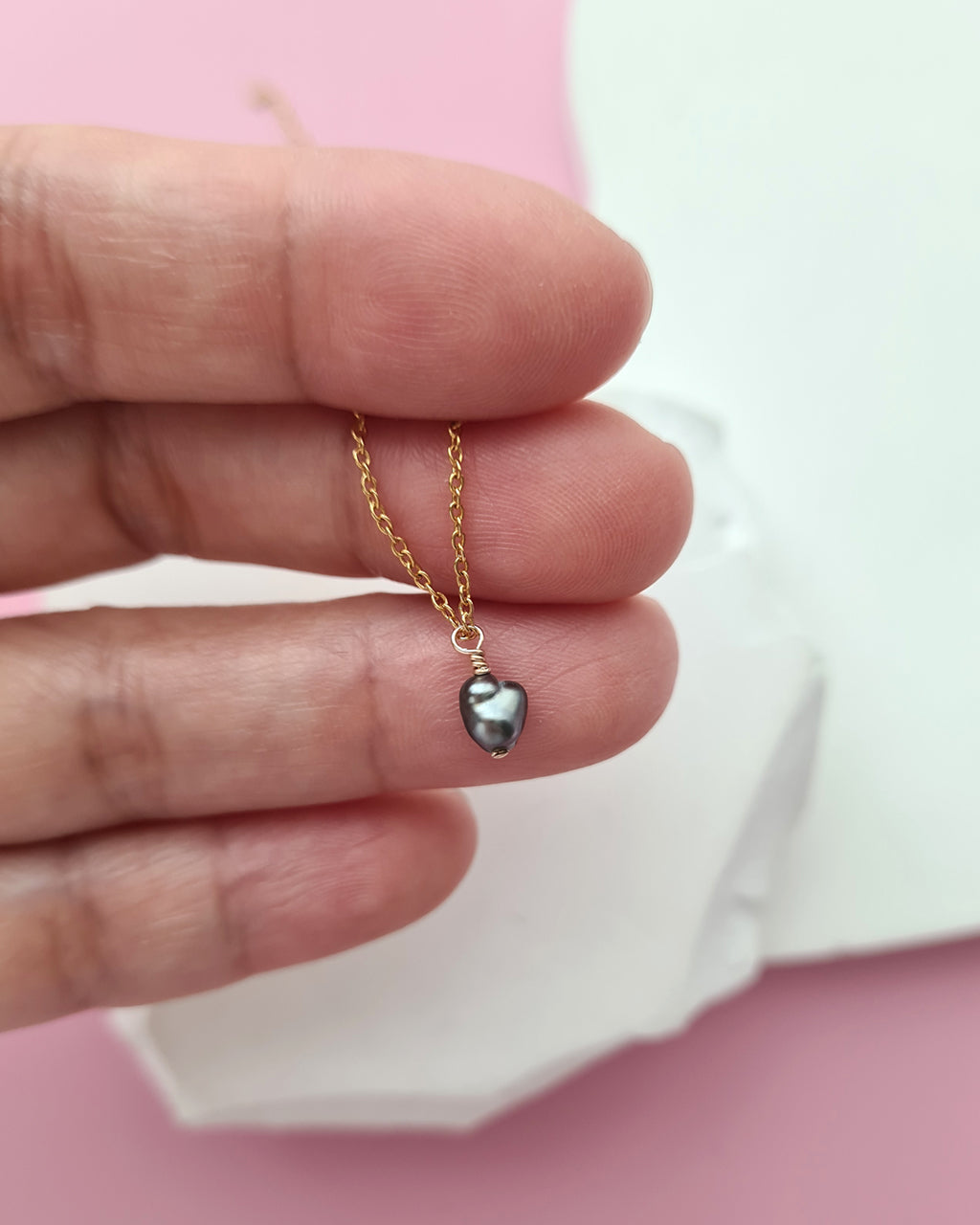 Tahitian Keshi Pearl Pendant Necklace, Tiny Heart Pearl Handmade Jewelry in Singapore