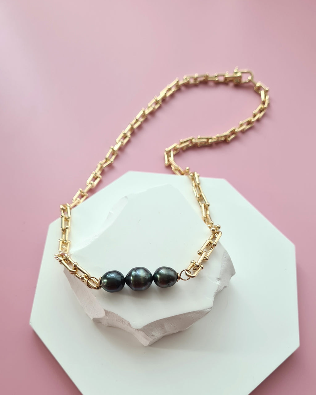 Tahitian Pearl Necklace with Gold Thick Chunky Chain