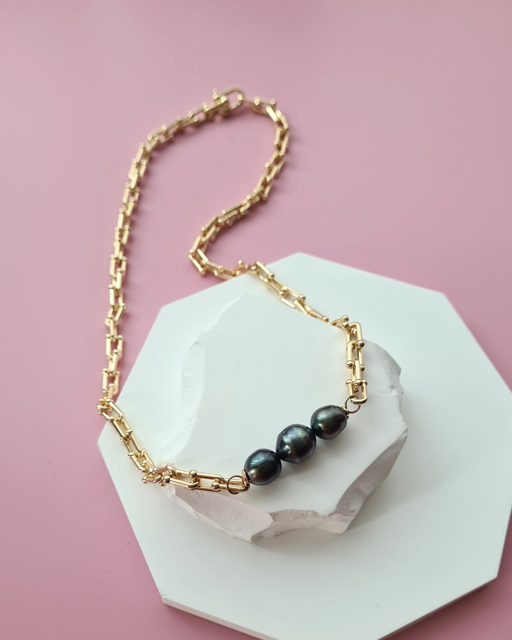 Tahitian Pearl Necklace with Gold Thick Chunky Chain