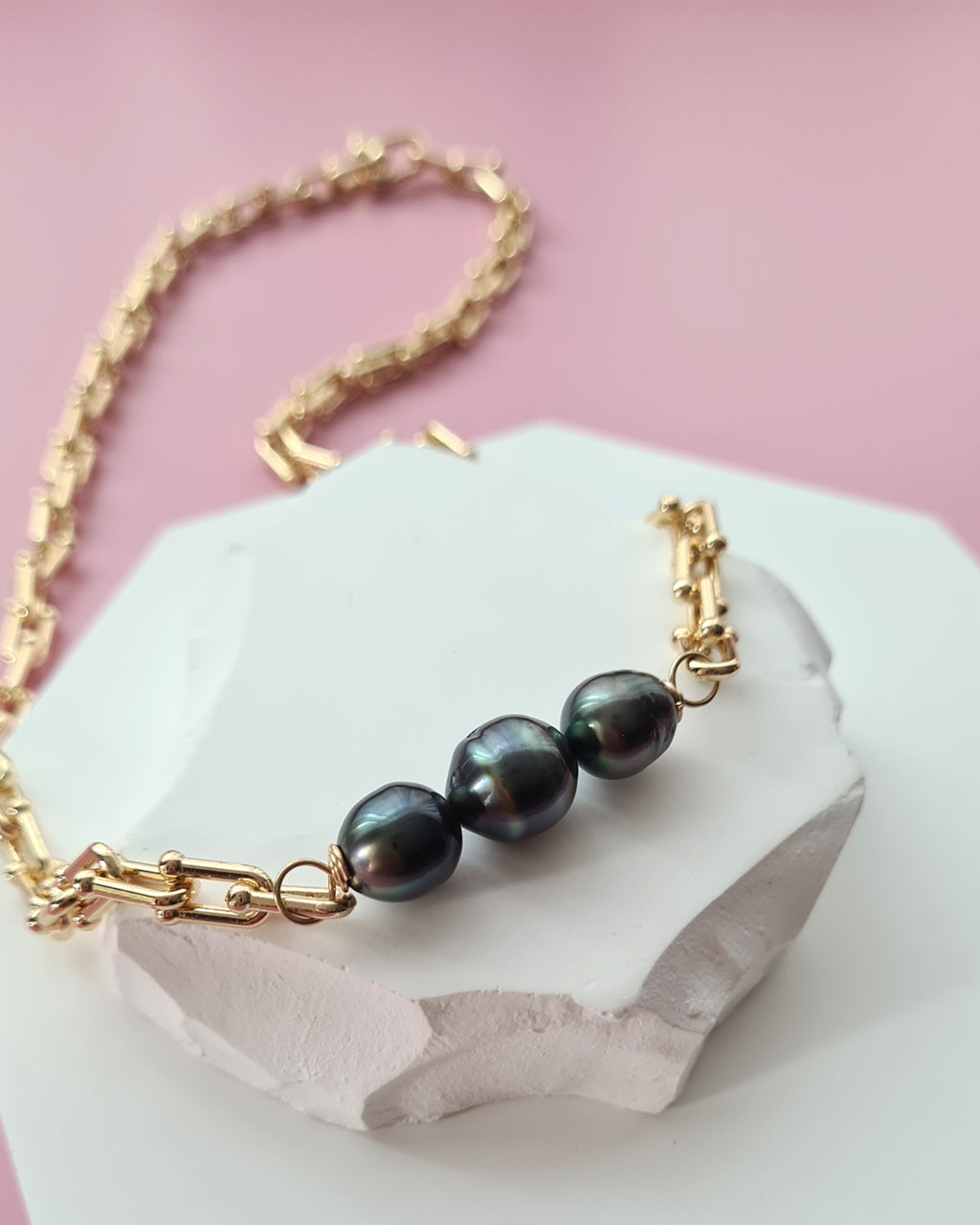 Tahitian Pearl Necklace with Gold Thick Chunky Chain