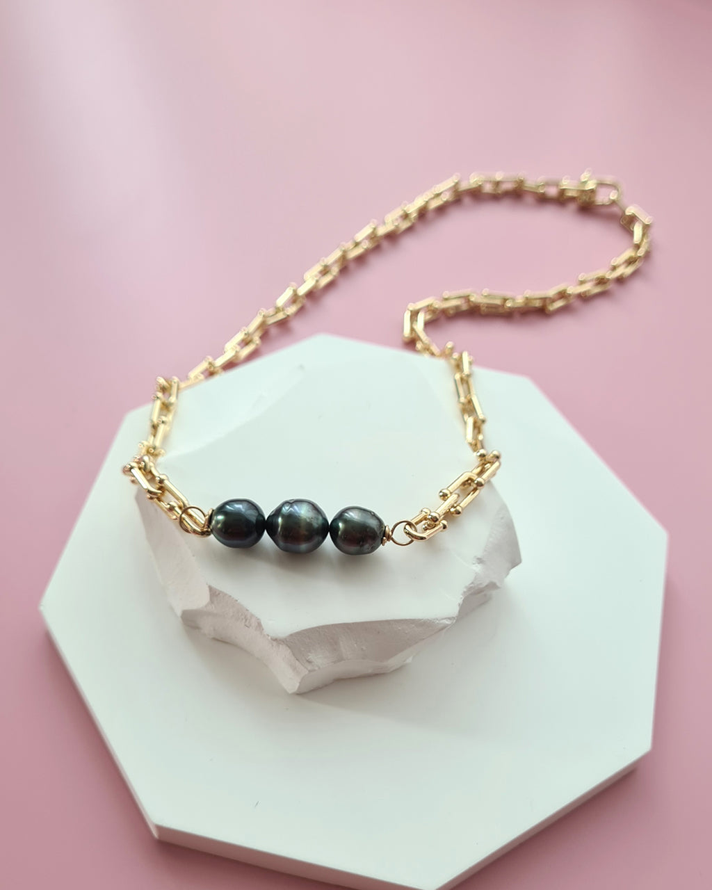 Tahitian Pearl Necklace with Gold Thick Chunky Chain