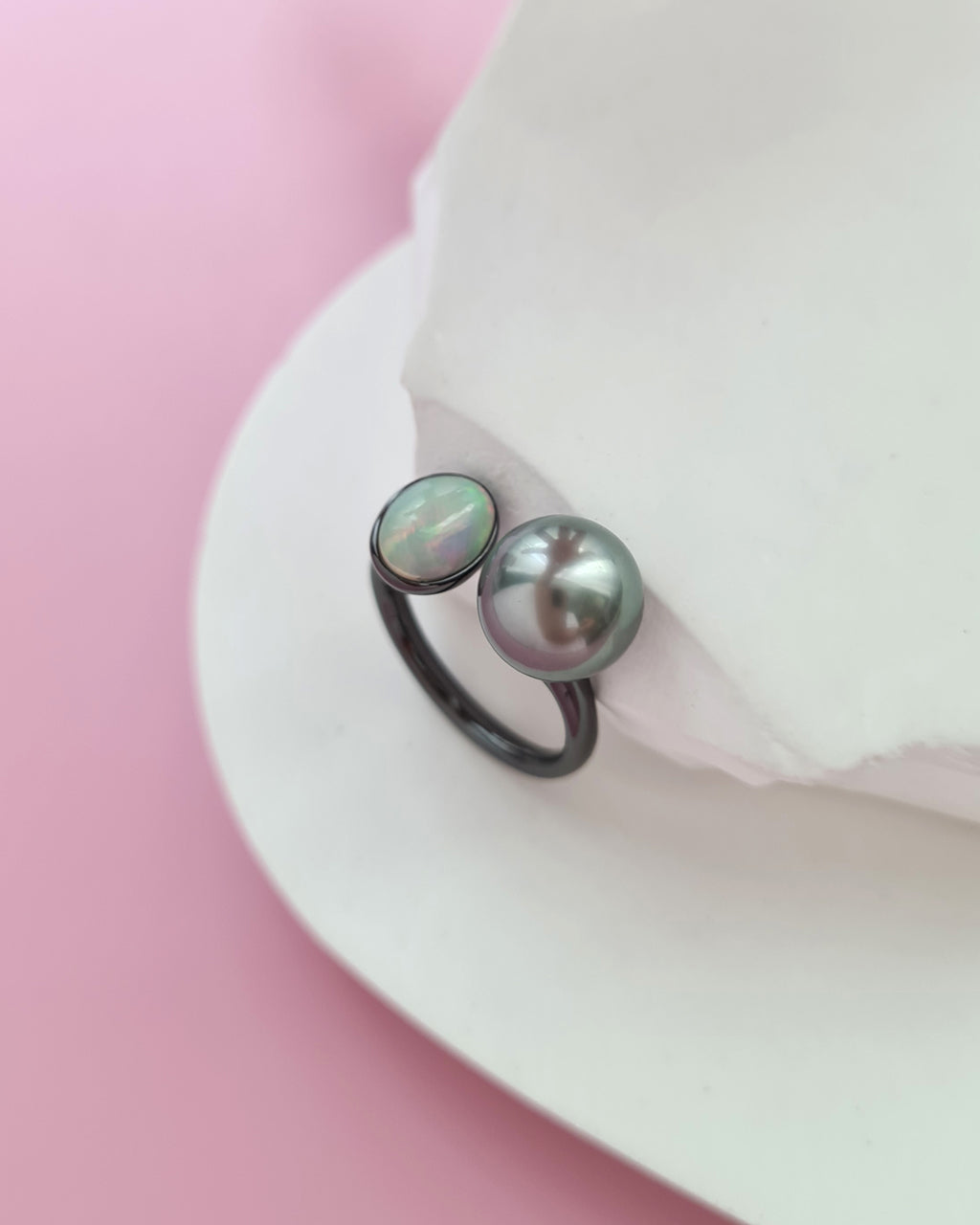Tahitian Pearl Open Ring in Black with Opal, Pearl Jewelry in Singapore