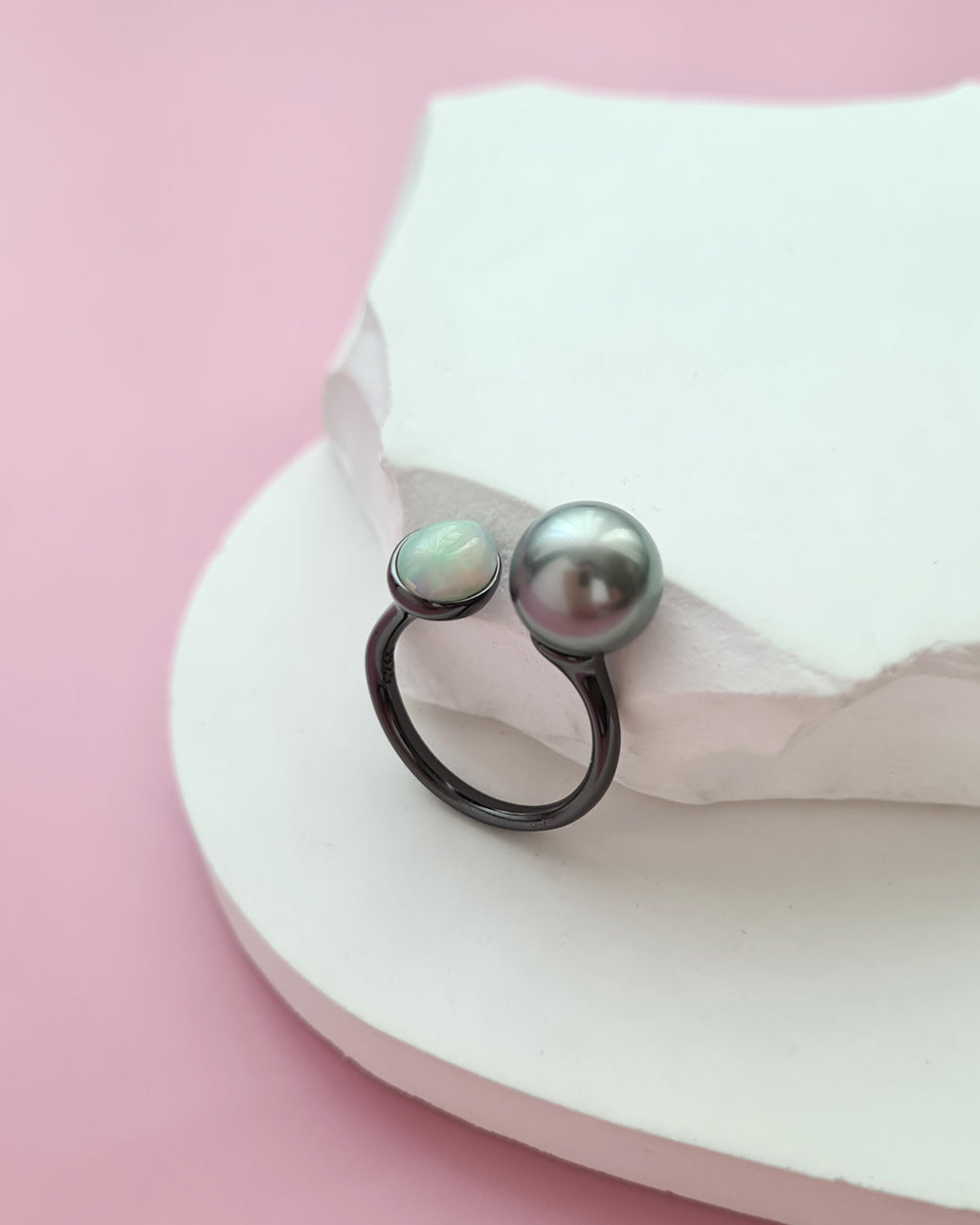 Tahitian Pearl Open Ring in Black with Opal, Pearl Jewelry in Singapore